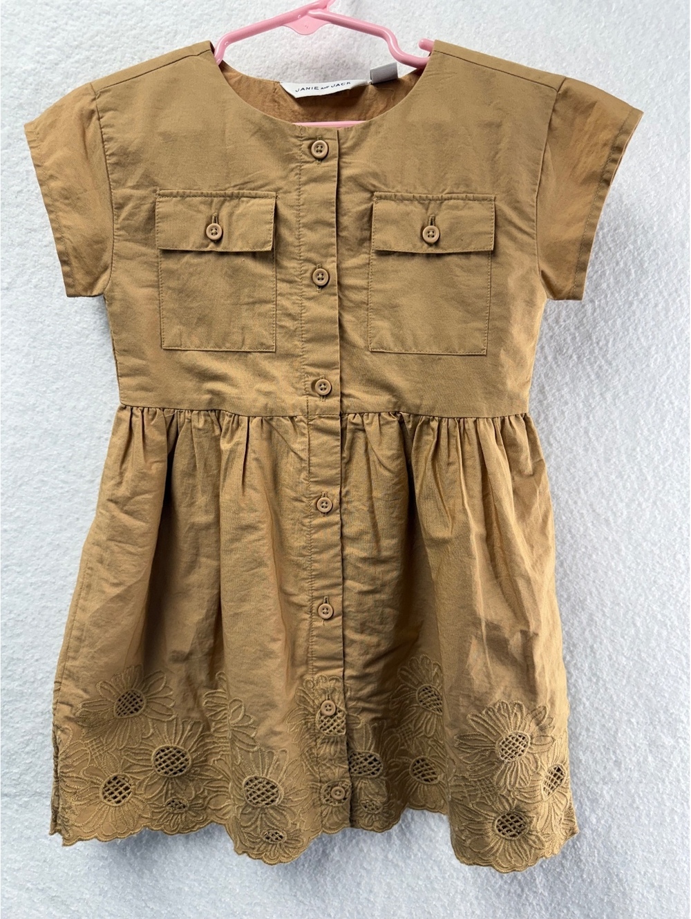 Janie and Jack Toddler Girls' Tan Button-Front Dress with Floral Embroidery Size
